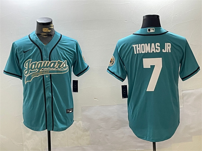 Personalized Men’s Jacksonville Jaguars #7 Brian Thomas Jr Teal With Patch Cool Base Stitched Baseball Jersey