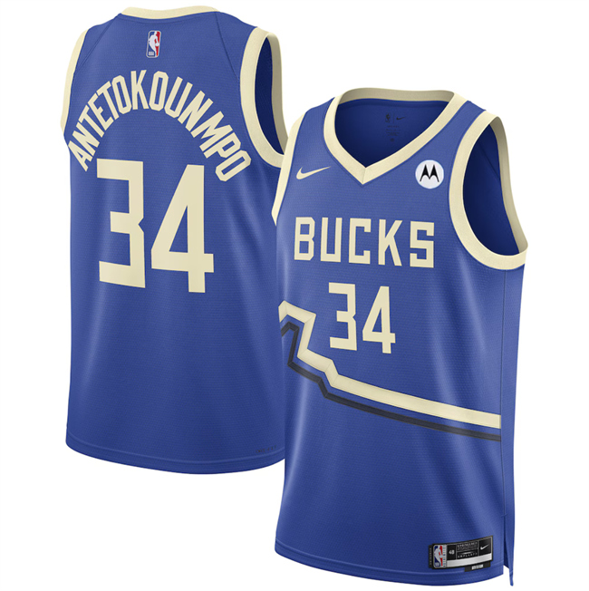 Personalized Men’s Milwaukee Bucks #34 Giannis Antetokounmpo Royal 2024 25 City Edition Stitched Basketball Jersey
