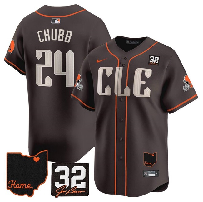 Personalized Men’s Cleveland Browns #24 Nick Chubb Brown With Jim Brown Memorial & Home Patch Premier Limited Stitched Baseball Jersey