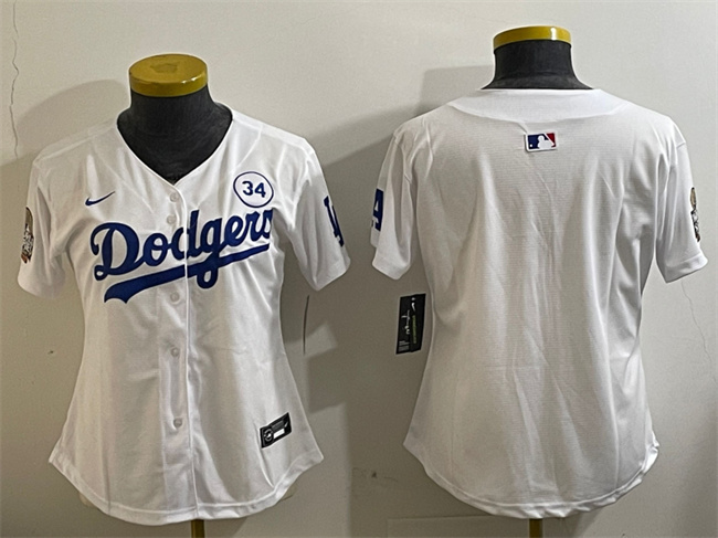 Personalized Women’s Los Angeles Dodgers Blank White 2024 World Series With No. 34 Patch Home Limited Stitched Baseball Jersey(Run Small)