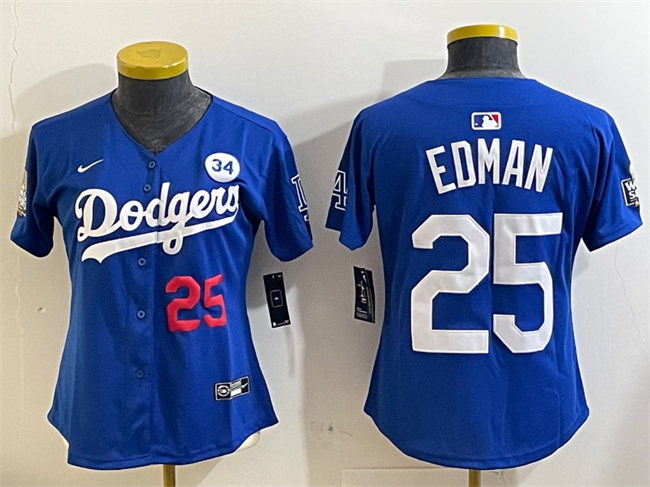 Personalized Women’s Los Angeles Dodgers #25 Tommy Edman Royal 2024 World Series With No. 34 Patch Alternate Limited Stitched Baseball Jersey(Run Small)
