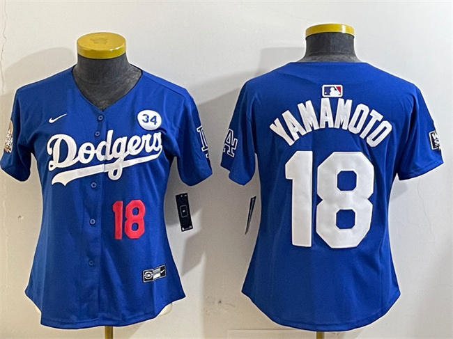 Personalized Women’s Los Angeles Dodgers #18 Yoshinobu Yamamoto Royal 2024 World Series With No. 34 Patch Alternate Limited Stitched Baseball Jersey(Run Small)