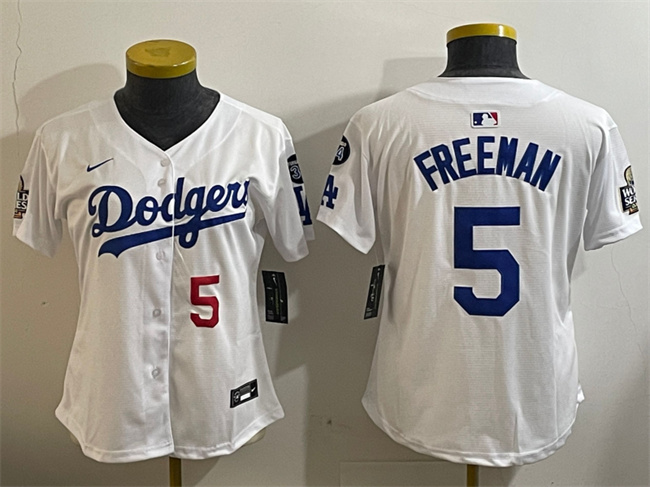 Personalized Women’s Los Angeles Dodgers #5 Freddie Freeman White 2024 World Series With Fernando Memorial Patch Home Limited Stitched Baseball Jersey(Run Small)