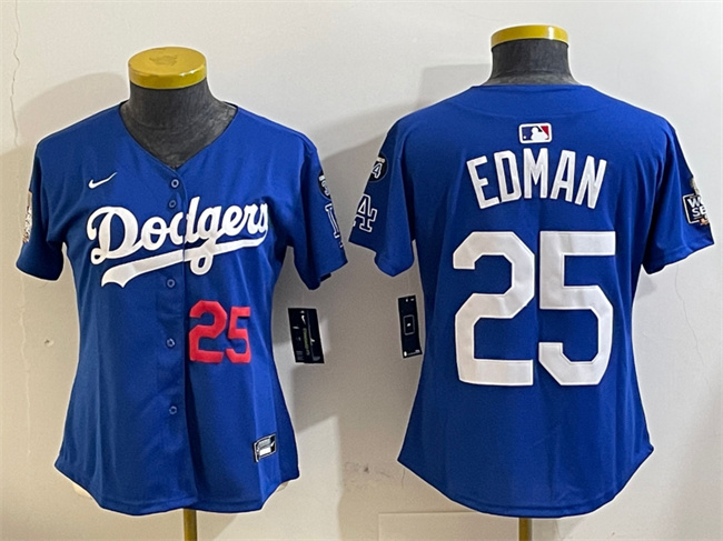 Personalized Women’s Los Angeles Dodgers #25 Tommy Edman Royal 2024 World Series With Fernando Memorial Patch Alternate Limited Stitched Baseball Jersey(Run Small)