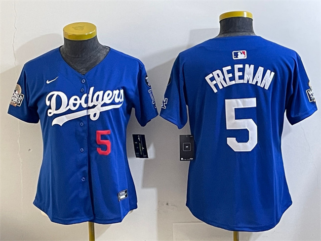 Personalized Women’s Los Angeles Dodgers #5 Freddie Freeman Royal 2024 World Series With Fernando Memorial Patch Alternate Limited Stitched Baseball Jersey(Run Small)
