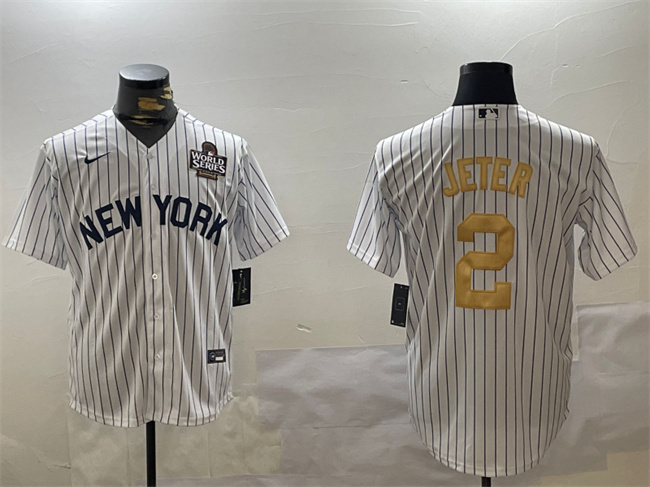 Personalized Men’s New York Yankees #2 Derek Jeter White Gold 2024 World Series Cool Base Stitched Baseball Jersey