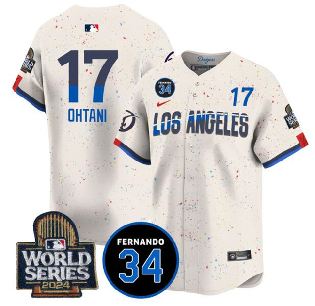 Personalized Men’s Los Angeles Dodgers #17 Shohei Ohtani Cream 2024 World Series With Fernando Memorial Patch City Connect Limited Stitched Baseball Jersey