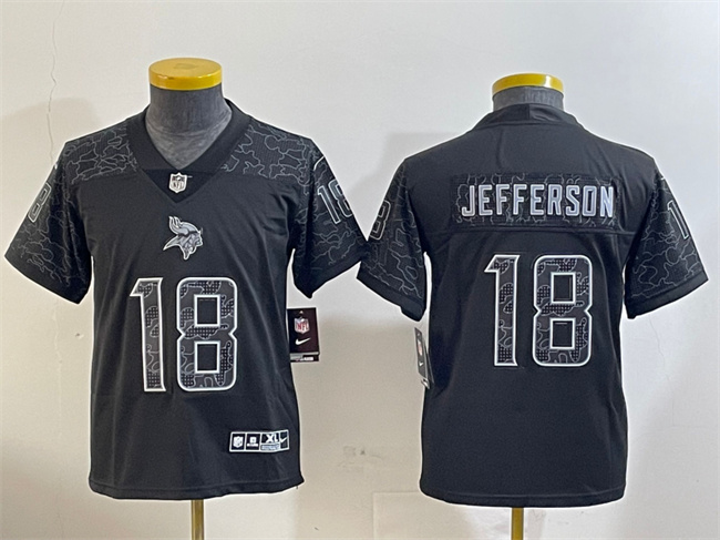 Personalized Youth Minnesota Vikings #18 Justin Jefferson Black Reflective Limited Stitched Football Jersey