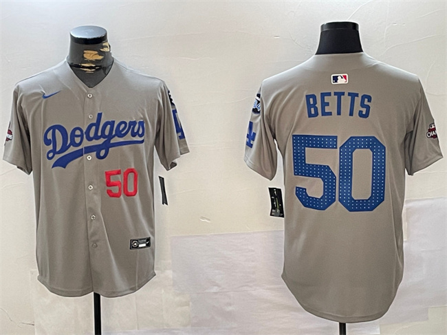 Personalized Men’s Los Angeles Dodgers #50 Mookie Betts Grey 2024 World Series Champions With Fernando Memorial Patch Limited Stitched Baseball Jersey