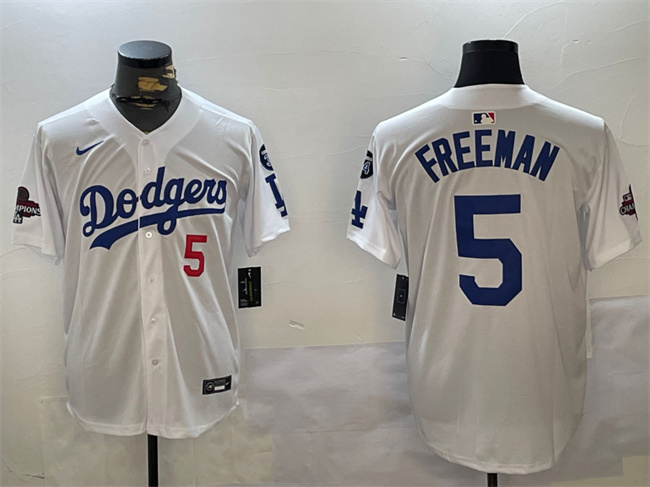 Personalized Men’s Los Angeles Dodgers #5 Freddie Freeman White 2024 World Series Champions With Fernando Memorial Patch Home Limited Stitched Baseball Jersey