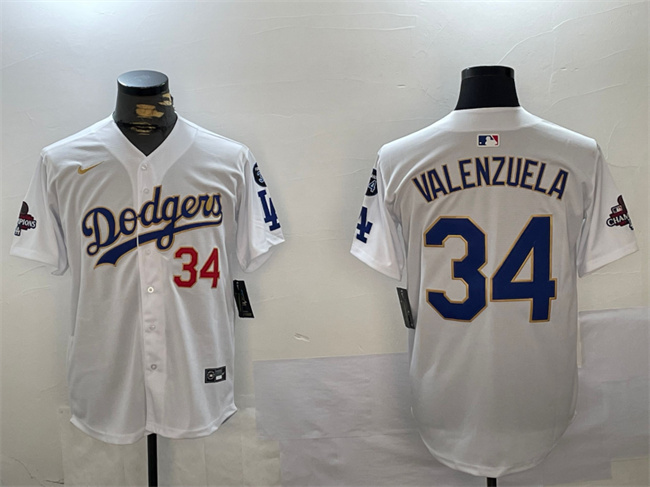 Personalized Men’s Los Angeles Dodgers #34 Toro Valenzuela White Gold 2024 World Series Champions With Fernando Memorial Patch Home Limited Stitched Baseball Jersey