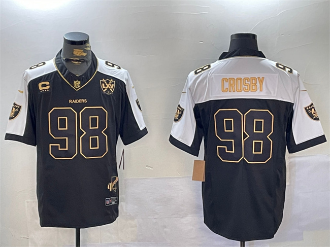 Personalized Men’s Las Vegas Raiders #98 Maxx Crosby Black Gold F.U.S.E. With Nevada Silver Stat Patch And 65th Anniversary Patch 4-Star C Patch Limited Stitched Football Jersey