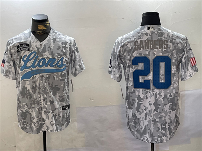 Personalized Men’s Detroit Lions #20 Barry Sanders 2024 Arctic Camo Salute To Service Stitched Baseball Jersey