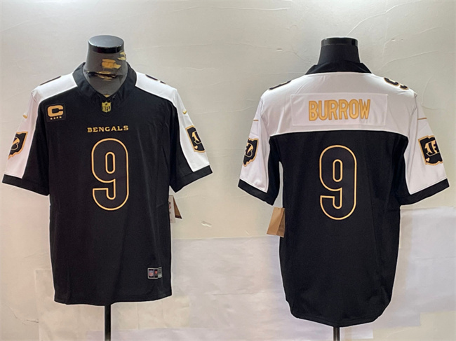 Personalized Men’s Cincinnati Bengals #9 Joe Burrow Black Gold 2024 F.U.S.E With 4-Star C Patch Limited Stitched Football Jersey