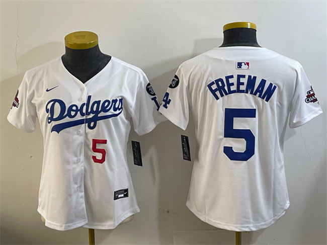 Personalized Women’s Los Angeles Dodgers #5 Freddie Freeman White 2024 World Series Champions With Fernando Memorial Patch Home Limited Stitched Baseball Jersey(Run Small)