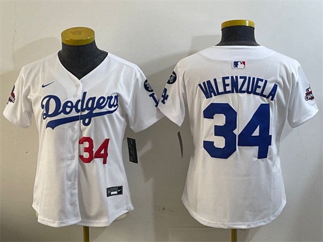 Personalized Women’s Los Angeles Dodgers #34 Toro Valenzuela White 2024 World Series Champions With Fernando Memorial Patch Home Limited Stitched Baseball Jersey(Run Small)