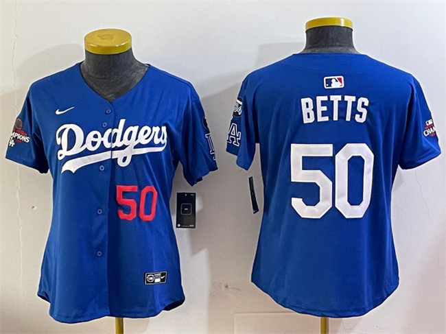 Personalized Women’s Los Angeles Dodgers #50 Mookie Betts Royal 2024 World Series Champions With Fernando Memorial Patch Alternate Limited Stitched Baseball Jersey(Run Small)