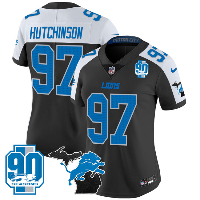 Personalized Women’s Detroit Lions #97 Aidan Hutchinson Black White 2024 F.U.S.E Michigan Patch & 90th Year Patch Limited Stitched Jersey(Run Small)
