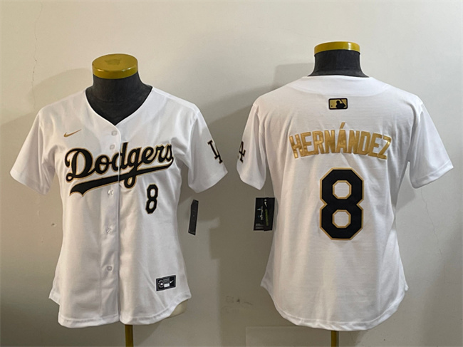 Personalized Women’s Los Angeles Dodgers #8 Enrique Hernandez White Gold Home Limited Stitched Baseball Jersey(Run Small)