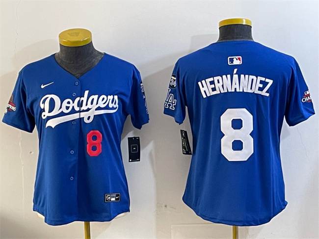Personalized Women’s Los Angeles Dodgers #8 Enrique Hernandez Royal 2024 World Series Champions With Fernando Memorial Patch Alternate Limited Stitched Baseball Jersey(Run Small)