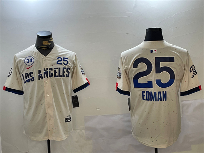 Personalized Men’s Los Angeles Dodgers #25 Tommy Edman Cream 2024 World Series With No. 34 Patch City Connect Limited Stitched Baseball Jersey
