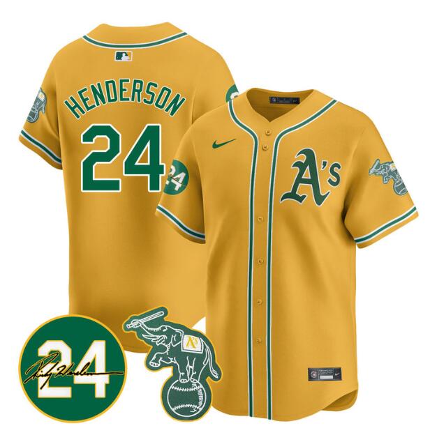 Personalized Men’s Oakland Athletics #24 Ricky Henderson Yellow 2024 Limited With Patch Stitched Jersey