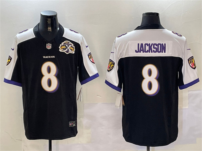Personalized Men’s Baltimore Ravens #8 Lamar Jackson Black White 2023 F.U.S.E With Patch Throwback Limited Jersey
