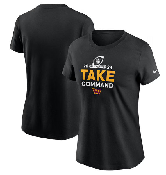 Personalized Women’s Washington Commanders Black 2024 Playoffs T-Shirt(Run Small)