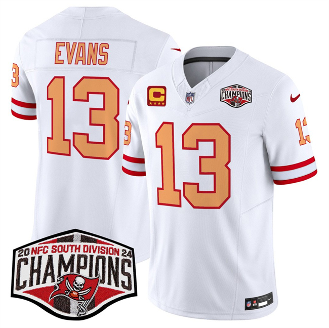 Personalized Men’s Tampa Bay Buccaneers #13 Mike Evans White F.U.S.E. 2024 NFC South Champions With 4-Star C Patch Limited Stitched Jersey