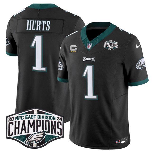 Personalized Men’s Philadelphia Eagles #1 Jalen Hurts Black 2024 NFC East Champions With 3-Star C Patch F.U.S.E. Untouchable Limited Stitched Football Jersey
