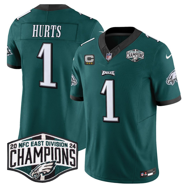 Personalized Men’s Philadelphia Eagles #1 Jalen Hurts Green 2024 NFC East Champions With 3-Star C Patch F.U.S.E. Untouchable Limited Stitched Football Jersey