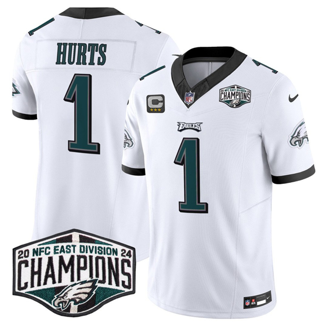 Personalized Men’s Philadelphia Eagles #1 Jalen Hurts White 2024 NFC East Champions With 3-Star C Patch F.U.S.E. Untouchable Limited Stitched Football Jersey