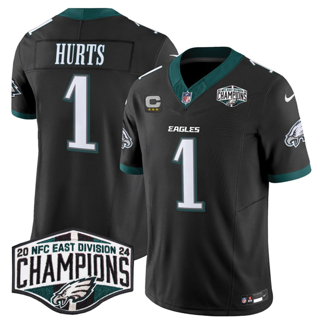 Personalized Men’s Philadelphia Eagles #1 Jalen Hurts Black 2024 New NFC East Champions With 3-Star C Patch F.U.S.E. Untouchable Limited Stitched Football Jersey