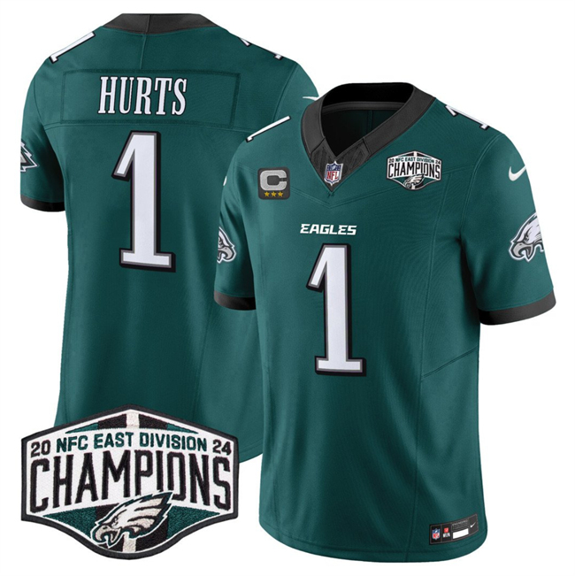 Personalized Men’s Philadelphia Eagles #1 Jalen Hurts Green 2024 New NFC East Champions With 3-Star C Patch F.U.S.E. Untouchable Limited Stitched Football Jersey