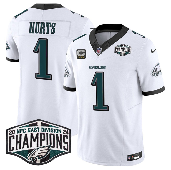 Personalized Men’s Philadelphia Eagles #1 Jalen Hurts White 2024 New NFC East Champions With 3-Star C Patch F.U.S.E. Untouchable Limited Stitched Football Jersey