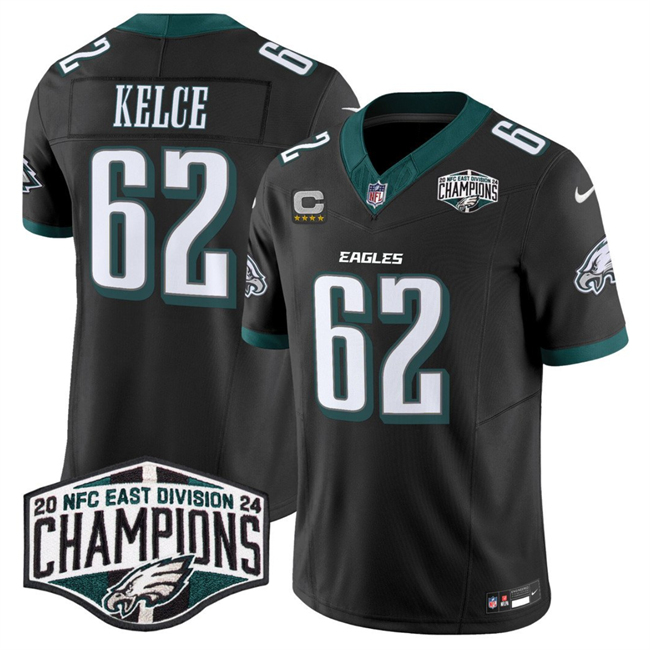 Personalized Men’s Philadelphia Eagles #62 Jason Kelce Black 2024 New NFC East Champions With 4-Star C Patch F.U.S.E. Untouchable Limited Stitched Football Jersey