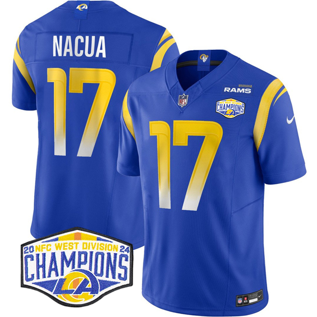 Personalized Men’s Los Angeles Rams #17 Puka Nacua Blue 2024 NFC West Champions F.U.S.E. Untouchable Stitched Football Jersey