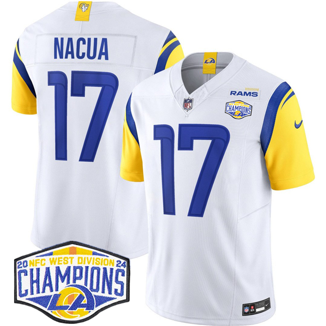 Personalized Men’s Los Angeles Rams #17 Puka Nacua White 2024 NFC West Champions F.U.S.E. Untouchable Stitched Football Jersey