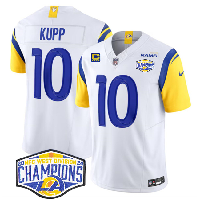 Personalized Men’s Los Angeles Rams #10 Cooper Kupp White 2024 NFC West Champions With 4-Star C Patch F.U.S.E. Untouchable Stitched Football Jersey
