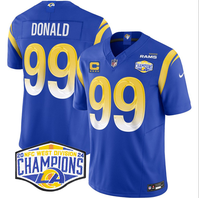 Personalized Men’s Los Angeles Rams #99 Aaron Donald Blue 2024 NFC West Champions With 4-Star C Patch F.U.S.E. Untouchable Stitched Football Jersey