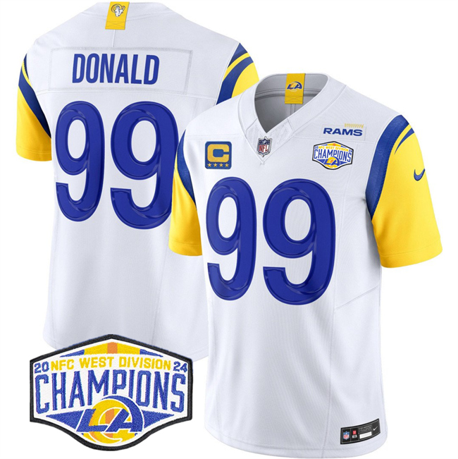 Personalized Men’s Los Angeles Rams #99 Aaron Donald White 2024 NFC West Champions With 4-Star C Patch F.U.S.E. Untouchable Stitched Football Jersey