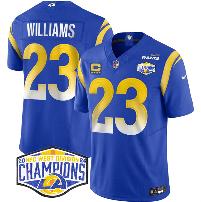 Personalized Men’s Los Angeles Rams #23 Kyren Williams Blue 2024 NFC West Champions With 4-Star C Patch F.U.S.E. Untouchable Stitched Football Jersey