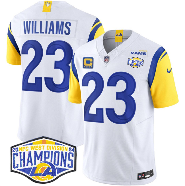 Personalized Men’s Los Angeles Rams #23 Kyren Williams White 2024 NFC West Champions With 4-Star C Patch F.U.S.E. Untouchable Stitched Football Jersey