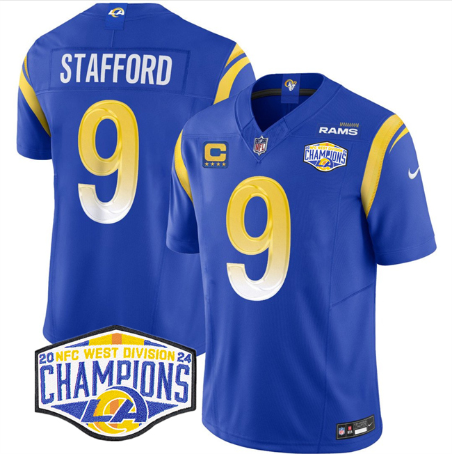 Personalized Men’s Los Angeles Rams #9 Matthew Stafford Blue 2024 NFC West Champions With 4-Star C Patch F.U.S.E. Untouchable Stitched Football Jersey