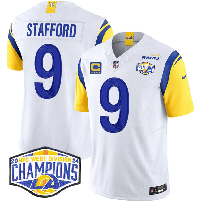 Personalized Men’s Los Angeles Rams #9 Matthew Stafford White 2024 NFC West Champions With 4-Star C Patch F.U.S.E. Untouchable Stitched Football Jersey