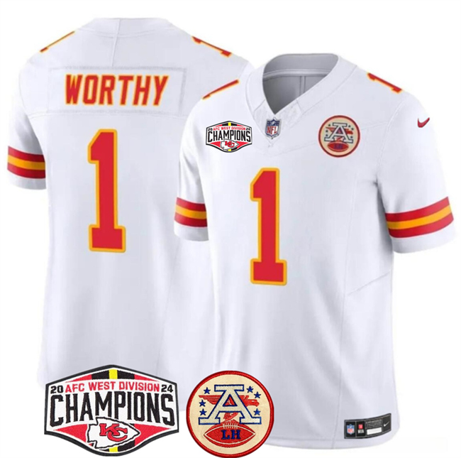 Personalized Men’s Kansas City Chiefs #1 Xavier Worthy White F.U.S.E. 2024 AFC West Division Champions Limited Stitched Football Jersey