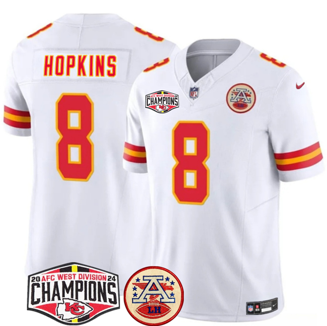 Personalized Men’s Kansas City Chiefs #8 DeAndre Hopkins White F.U.S.E. 2024 AFC West Division Champions Limited Stitched Football Jersey