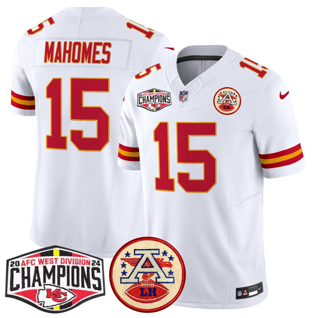 Personalized Men’s Kansas City Chiefs #15 Patrick Mahomes White F.U.S.E. 2024 AFC West Division Champions Limited Stitched Football Jersey
