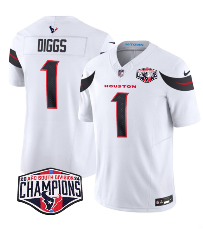 Personalized Men’s Houston Texans #1 Stefon Diggs White F.U.S.E. 2024 AFC South Division Champions Limited Stitched Football Jersey