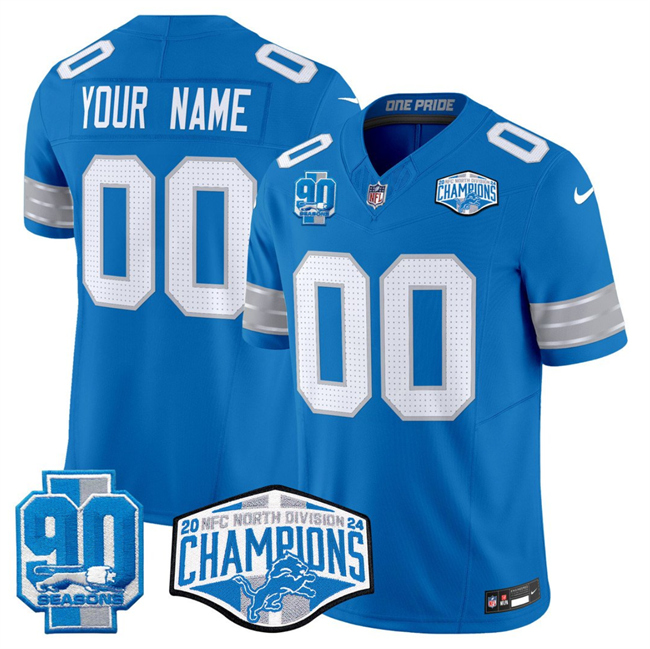 Personalized Men’s Detroit Lions Active Player Blue 2024 NFC North Champions 90th Anniversary Patch F.U.S.E. Limited Stitched Jersey